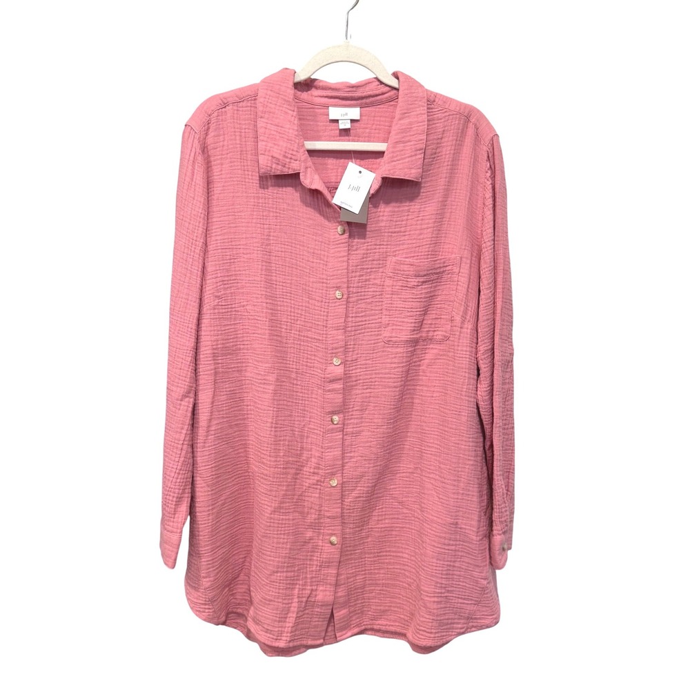 New J. Jill Gauze Button Down Shirt Women 2X Pink Cotton Tunic Long Sleeve Top